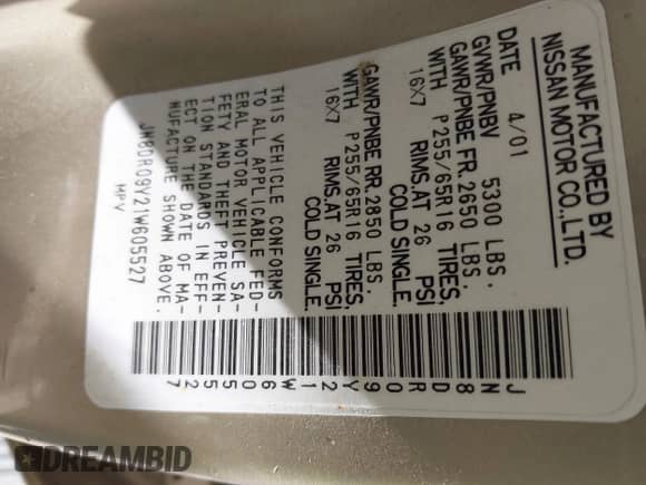 2001 Nissan Pathfinder LE с VIN JN8DR09Y21W605527, выставлен на аукционе IAAI как лот 42005638 с пробегом 303 306 миль миль и . История ставок и продаж доступна на DreamBid. Изображение 9.