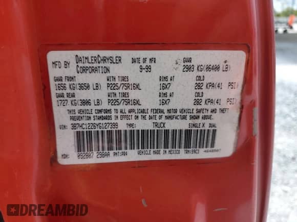 2000 Dodge 1500 z VIN 3B7HC12Z6YG127399, wystawiony jako Copart lot #72203464 z przebiegiem 177 592 mil mil oraz Szkoda całkowita • Salvage title. Historia ofert i sprzedaży dostępna na DreamBid. Obrazek 14.