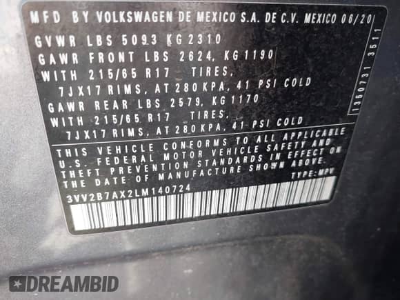 2020 Volkswagen Tiguan SE с VIN 3VV2B7AX2LM140724, выставлен на аукционе IAAI как лот 42226695 с пробегом 49 455 миль миль и . История ставок и продаж доступна на DreamBid. Изображение 9.