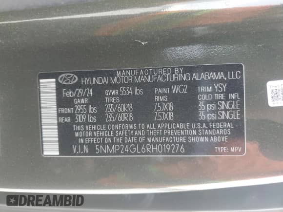 2024 Hyundai Santa Fe SEL с VIN 5NMP24GL6RH019276, выставлен на аукционе Copart как лот 44347735 с пробегом 13 281 миль миль и Списание • Salvage title. История ставок и продаж доступна на DreamBid. Изображение 13.