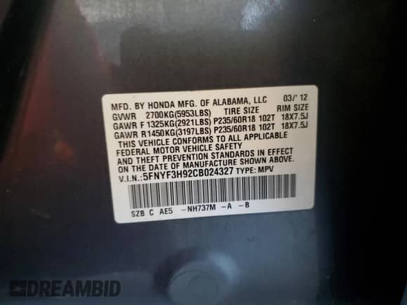 2012 Honda Pilot Touring with VIN 5FNYF3H92CB024327, listed as a Copart auction lot 81337285 with 125,634 mi miles and Salvage title. Bid and sale history available at DreamBid. Image 14.