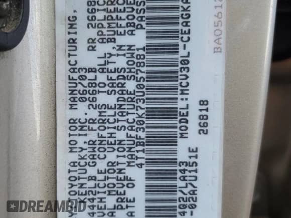 2003 Toyota Camry LE z VIN 4T1BF30K73U057881, wystawiony jako Copart lot #80207065 z przebiegiem 240 172 mil mil oraz Szkoda całkowita • Salvage title. Historia ofert i sprzedaży dostępna na DreamBid. Obrazek 13.