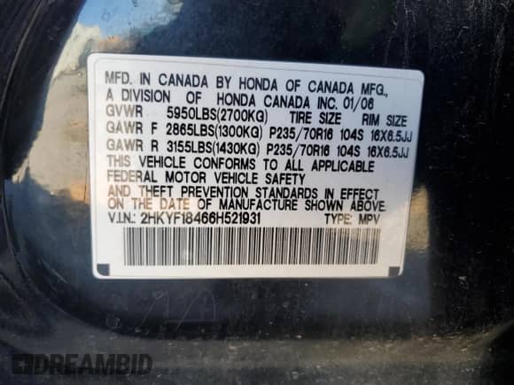 2006 Honda Pilot EX z VIN 2HKYF18466H521931, wystawiony jako Copart lot #85131545 z przebiegiem 157 614 mil mil oraz Szkoda całkowita • Salvage title. Historia ofert i sprzedaży dostępna na DreamBid. Obrazek 14.