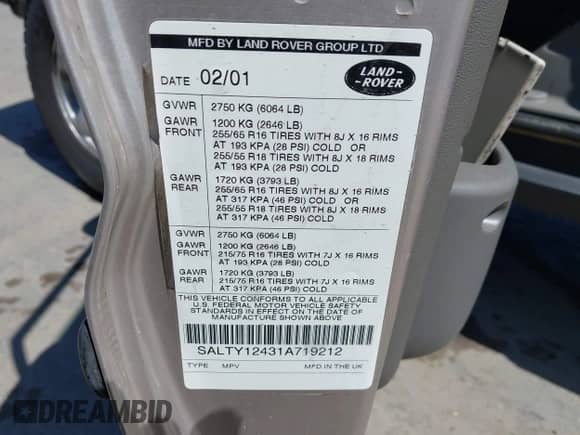 2001 Land Rover Discovery Cloth с VIN SALTY12431A719212, выставлен на аукционе IAAI как лот 42690270 с пробегом 110 947 миль миль и . История ставок и продаж доступна на DreamBid. Изображение 9.