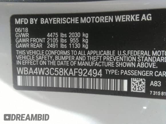 2019 BMW 4 Series 430i with VIN WBA4W3C58KAF92494, listed as a IAAI auction lot 42528382 with 102,695 mi miles and . Bid and sale history available at DreamBid. Image 9.