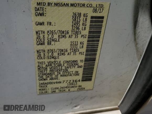 2017 Nissan Frontier SV с VIN 1N6AD0EV4HN772364, выставлен на аукционе Copart как лот 57479095 с пробегом 112 992 миль миль и Списание • Salvage title. История ставок и продаж доступна на DreamBid. Изображение 12.