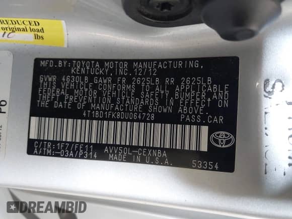 2013 Toyota Camry LE z VIN 4T1BD1FK8DU064728, wystawiony jako IAAI lot #42398146 z przebiegiem 100 867 mil mil oraz . Historia ofert i sprzedaży dostępna na DreamBid. Obrazek 9.