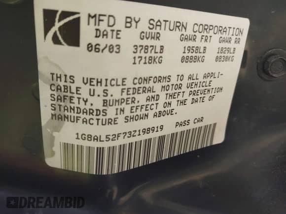 2003 Saturn ION ION 3 with VIN 1G8AL52F73Z198919, listed as a IAAI auction lot 42044982 with 78,077 mi miles and . Bid and sale history available at DreamBid. Image 9.