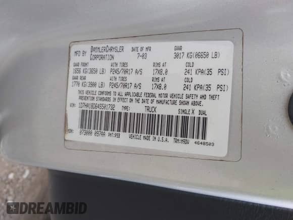 2004 Dodge 1500 SLT with VIN 1D7HA18D64S501732, listed as a IAAI auction lot 43382171 with 214,099 mi miles and . Bid and sale history available at DreamBid. Image 9.