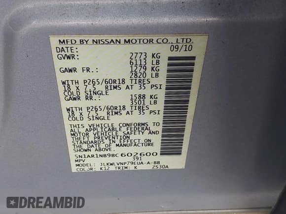 2011 Nissan Pathfinder LE with VIN 5N1AR1NB9BC602600, listed as a IAAI auction lot 42738623 with 197,331 mi miles and . Bid and sale history available at DreamBid. Image 9.