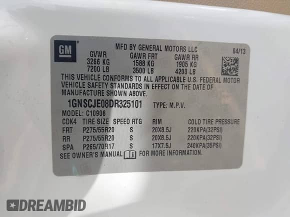 2013 Chevrolet Suburban LT с VIN 1GNSCJE08DR325101, выставлен на аукционе IAAI как лот 42835198 с пробегом 173 643 миль миль и . История ставок и продаж доступна на DreamBid. Изображение 9.
