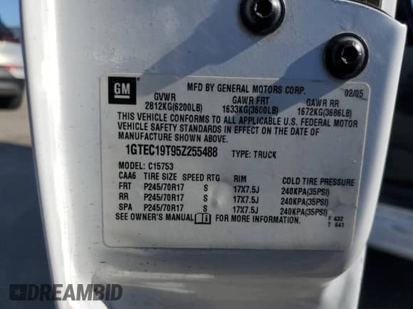 2005 GMC Sierra 1500 SLT with VIN 1GTEC19T95Z255488, listed as a Copart auction lot 46827545 with Not provided miles and Salvage title. Bid and sale history available at DreamBid. Image 12.