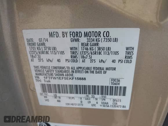 2014 Ford F-150 XLT с VIN 1FTFW1EF5EKF15888, выставлен на аукционе IAAI как лот 43315143 с пробегом 211 142 миль миль и . История ставок и продаж доступна на DreamBid. Изображение 9.