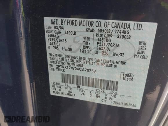2004 Ford F-150 XL with VIN 2FTRX17W04CA70759, listed as a IAAI auction lot 39207158 with 287,864 mi miles and . Bid and sale history available at DreamBid. Image 9.