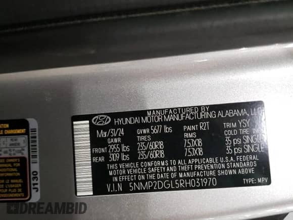 2024 Hyundai Santa Fe SEL с VIN 5NMP2DGL5RH031970, выставлен на аукционе Copart как лот 45596965 с пробегом 15 765 миль миль и Чистый • Clean title. История ставок и продаж доступна на DreamBid. Изображение 13.