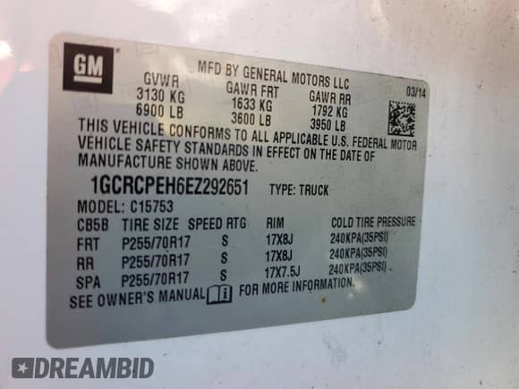 2014 Chevrolet Silverado 1500 Work Truck with VIN 1GCRCPEH6EZ292651, listed as a Copart auction lot 85669794 with Not provided miles and Salvage title. Bid and sale history available at DreamBid. Image 12.