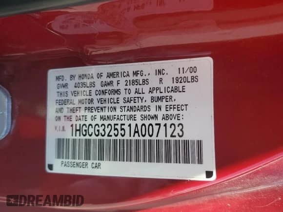 2001 Honda Accord EX with VIN 1HGCG32551A007123, listed as a Copart auction lot 63150225 with 82,759 mi miles and Salvage title. Bid and sale history available at DreamBid. Image 12.