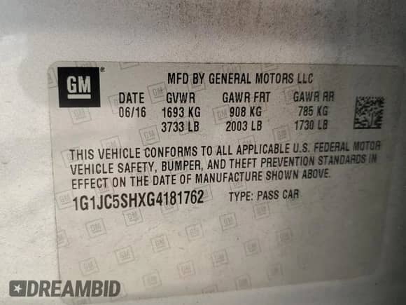 2016 Chevrolet Sonic LT with VIN 1G1JC5SHXG4181762, listed as a Copart auction lot 71091205 with 120,989 mi miles and Salvage title. Bid and sale history available at DreamBid. Image 12.
