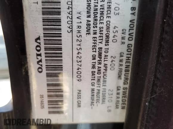 2004 Volvo S60 R с VIN YV1RH52Y542374009, выставлен на аукционе Copart как лот 85906105 с пробегом 111 846 миль миль и Чистый • Clean title. История ставок и продаж доступна на DreamBid. Изображение 12.
