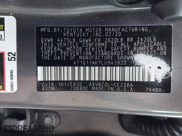 2020 Toyota Camry SE z VIN 4T1G11AK7LU943920, wystawiony jako IAAI lot #43352053 z przebiegiem 99 718 mil mil oraz . Historia ofert i sprzedaży dostępna na DreamBid. Obrazek 9.