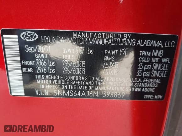 2022 Hyundai Santa Fe XRT с VIN 5NMS64AJ6NH393869, выставлен на аукционе IAAI как лот 43214794 с пробегом 37 129 миль миль и . История ставок и продаж доступна на DreamBid. Изображение 9.