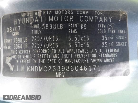 2008 Hyundai Entourage GLS с VIN KNDMC233986046171, выставлен на аукционе IAAI как лот 43068404 с пробегом 134 832 миль миль и . История ставок и продаж доступна на DreamBid. Изображение 9.