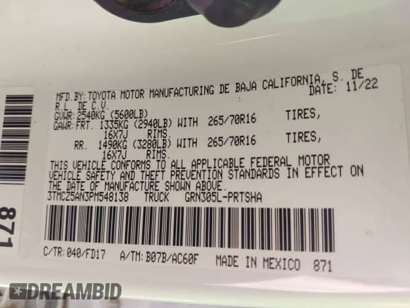 2023 Toyota Tacoma SR с VIN 3TMCZ5AN3PM548138, выставлен на аукционе IAAI как лот 43342762 с пробегом 18 960 миль миль и . История ставок и продаж доступна на DreamBid. Изображение 9.