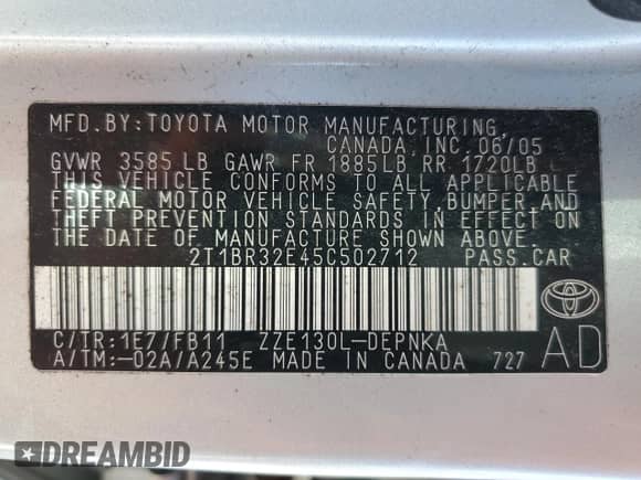 2005 Toyota Corolla CE с VIN 2T1BR32E45C502712, выставлен на аукционе Copart как лот 82283935 с пробегом 299 999 миль миль и Чистый • Clean title. История ставок и продаж доступна на DreamBid. Изображение 13.