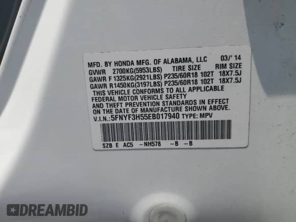 2014 Honda Pilot EX-L with VIN 5FNYF3H55EB017940, listed as a Copart auction lot 65397815 with 154,488 mi miles and Salvage title. Bid and sale history available at DreamBid. Image 13.