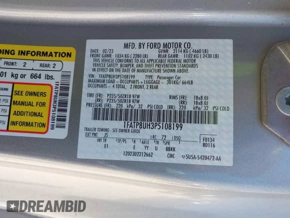 2023 Ford Mustang EcoBoost with VIN 1FATP8UH3P5108199, listed as a IAAI auction lot 42918208 with 54,226 mi miles and . Bid and sale history available at DreamBid. Image 9.