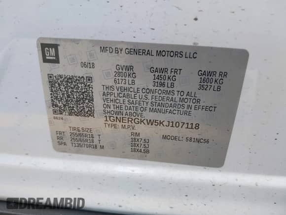 2019 Chevrolet Traverse LT Cloth with VIN 1GNERGKW5KJ107118, listed as a IAAI auction lot 43342503 with 106,682 mi miles and . Bid and sale history available at DreamBid. Image 9.