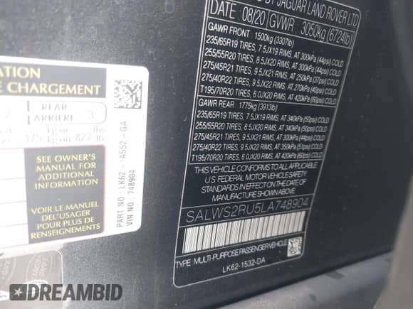 2020 Land Rover Range Rover Sport HST с VIN SALWS2RU5LA748904, выставлен на аукционе IAAI как лот 41680048 с пробегом 48 961 миль миль и . История ставок и продаж доступна на DreamBid. Изображение 9.