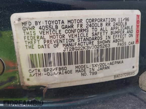 1997 Toyota Camry LE with VIN JT2BG22K3V0025263, listed as a IAAI auction lot 43310654 with 217,418 mi miles and . Bid and sale history available at DreamBid. Image 9.