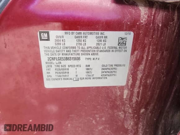 2011 Chevrolet Equinox LTZ with VIN 2CNFLGE53B6315606, listed as a Copart auction lot 64586065 with 226,007 mi miles and Salvage title. Bid and sale history available at DreamBid. Image 13.