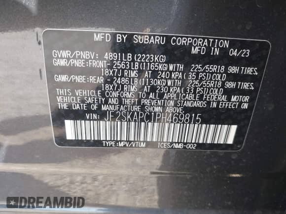 2023 Subaru Forester Limited z VIN JF2SKAPC1PH469815, wystawiony jako IAAI lot #43091194 z przebiegiem 16 277 mil mil oraz . Historia ofert i sprzedaży dostępna na DreamBid. Obrazek 9.