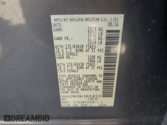 2016 Nissan Murano Platinum with VIN 5N1AZ2MG7GN165453, listed as a Copart auction lot 84655015 with 138,694 mi miles and Salvage title. Bid and sale history available at DreamBid. Image 12.