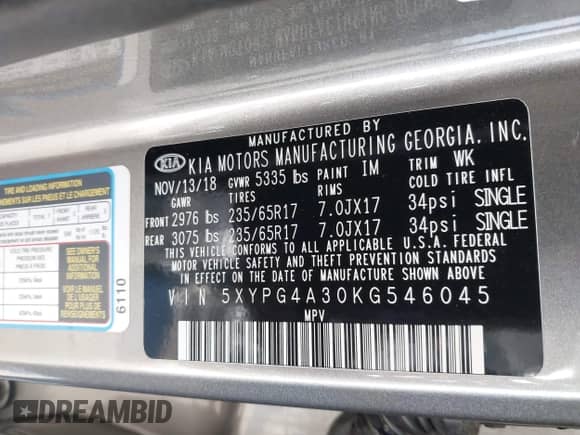 2019 Kia Sorento LX with VIN 5XYPG4A30KG546045, listed as a IAAI auction lot 43427534 with 61,825 mi miles and . Bid and sale history available at DreamBid. Image 9.