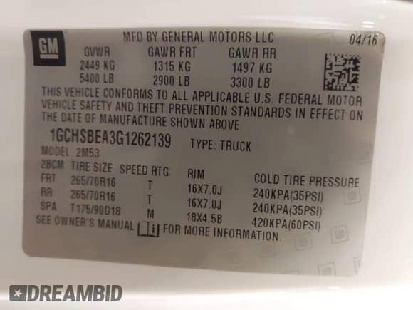 2016 Chevrolet Colorado 2WD WT with VIN 1GCHSBEA3G1262139, listed as a IAAI auction lot 42848875 with 125,979 mi miles and . Bid and sale history available at DreamBid. Image 9.