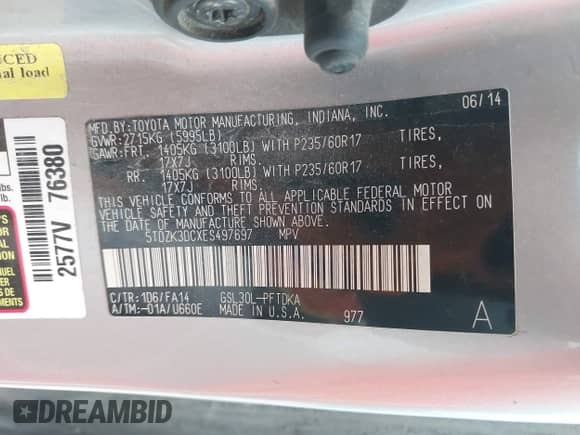 2014 Toyota Sienna L with VIN 5TDZK3DCXES497697, listed as a IAAI auction lot 43397896 with 247,187 mi miles and . Bid and sale history available at DreamBid. Image 9.