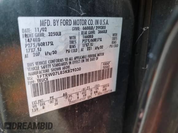 2003 Ford F-150 XLT с VIN 1FTRW07L83KB29330, выставлен на аукционе Copart как лот 71307655 с пробегом Не указан миль и Списание • Salvage title. История ставок и продаж доступна на DreamBid. Изображение 12.