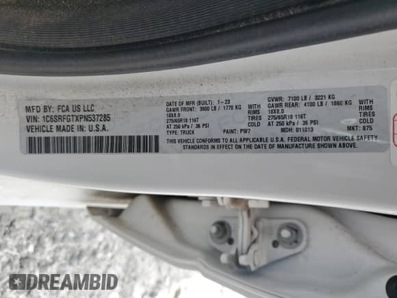 2023 Ram 1500 Tradesman с VIN 1C6SRFGTXPN537285, выставлен на аукционе Copart как лот 48873945 с пробегом 44 825 миль миль и Списание • Salvage title. История ставок и продаж доступна на DreamBid. Изображение 12.