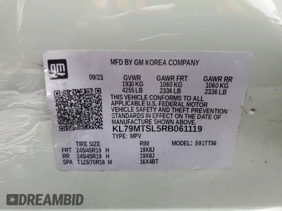2024 Chevrolet TrailBlazer RS z VIN KL79MTSL5RB061119, wystawiony jako Copart lot #54269945 z przebiegiem Nie podano mil oraz Szkoda całkowita • Salvage title. Historia ofert i sprzedaży dostępna na DreamBid. Obrazek 12.