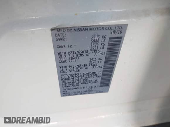 2017 Nissan Pathfinder SV with VIN 5N1DR2MM9HC615605, listed as a IAAI auction lot 42245107 with 112,536 mi miles and . Bid and sale history available at DreamBid. Image 9.