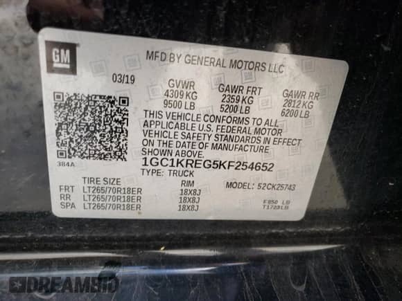 2019 Chevrolet Silverado 2500HD Work Truck z VIN 1GC1KREG5KF254652, wystawiony jako Copart lot #73162414 z przebiegiem 59 169 mil mil oraz Szkoda całkowita • Salvage title. Historia ofert i sprzedaży dostępna na DreamBid. Obrazek 12.