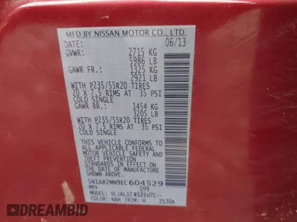 2014 Nissan Pathfinder SV with VIN 5N1AR2MN9EC604529, listed as a IAAI auction lot 41418514 with 122,626 mi miles and . Bid and sale history available at DreamBid. Image 9.