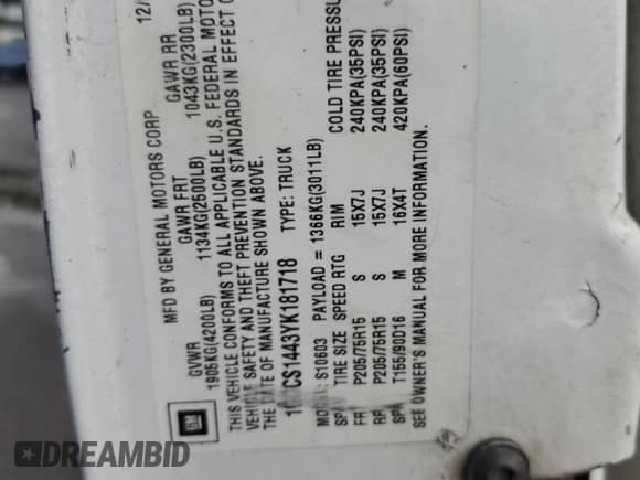 2000 Chevrolet S-10 with VIN 1GCCS1443YK181718, listed as a Copart auction lot 59185655 with 178,249 mi miles and Clean title. Bid and sale history available at DreamBid. Image 12.