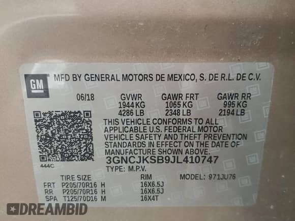 2018 Chevrolet Trax LS z VIN 3GNCJKSB9JL410747, wystawiony jako Copart lot #68047585 z przebiegiem Nie podano mil oraz Szkoda całkowita • Salvage title. Historia ofert i sprzedaży dostępna na DreamBid. Obrazek 13.