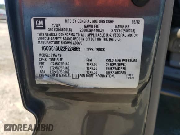 2002 Chevrolet Silverado 1500HD LT z VIN 1GCGC13U22F224865, wystawiony jako Copart lot #55067025 z przebiegiem 377 747 mil mil oraz Szkoda całkowita • Salvage title. Historia ofert i sprzedaży dostępna na DreamBid. Obrazek 13.