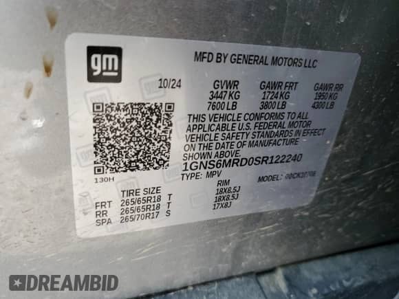 2025 Chevrolet Tahoe с VIN 1GNS6MRD0SR122240, выставлен на аукционе Copart как лот 52739055 с пробегом 9 624 миль миль и Списание • Salvage title. История ставок и продаж доступна на DreamBid. Изображение 13.