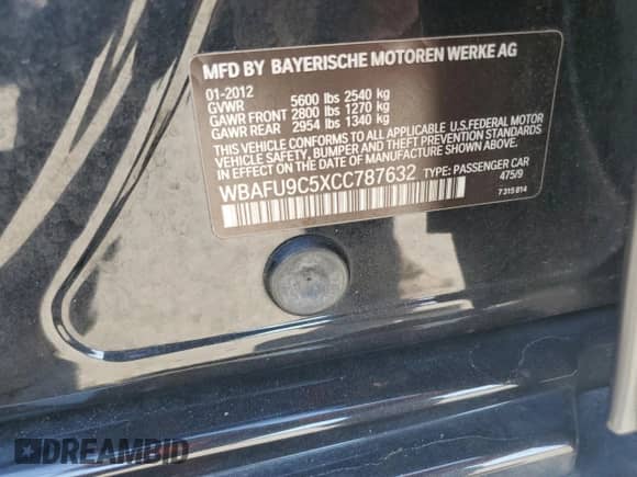 2012 BMW 5 Series 550i xDrive with VIN WBAFU9C5XCC787632, listed as a Copart auction lot 80516295 with 113,441 mi miles and Clean title. Bid and sale history available at DreamBid. Image 12.